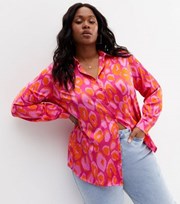 New Look Curves Pink Animal Print Satin Oversized Shirt